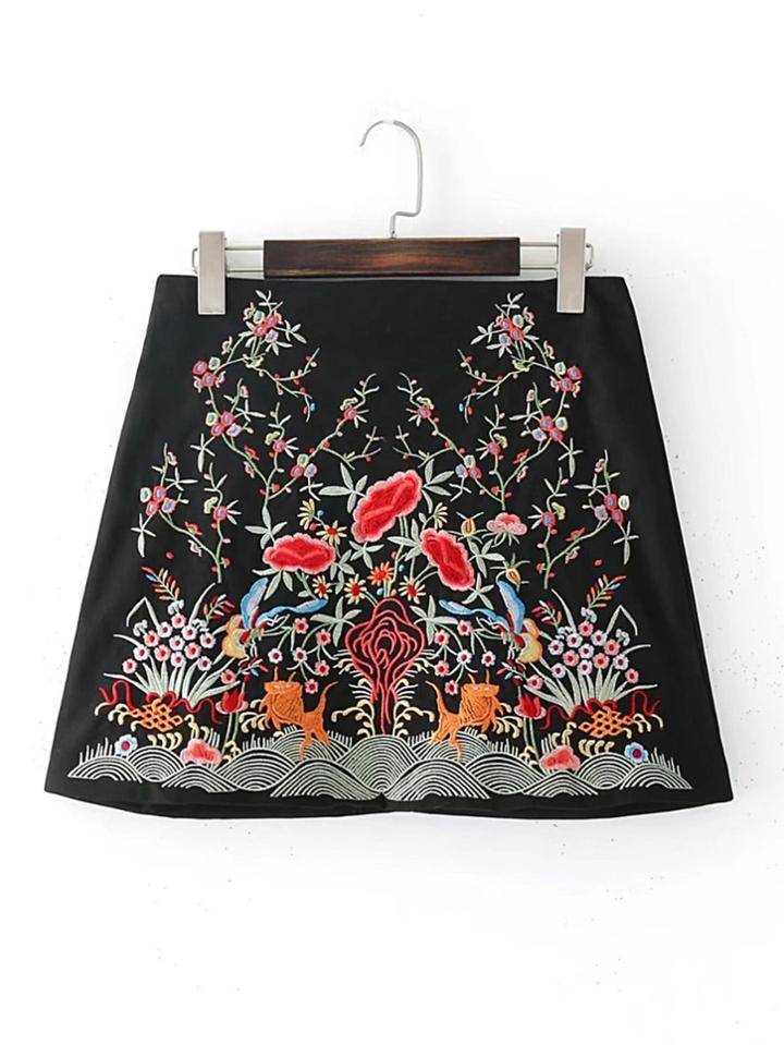 Romwe Flower Embroidery Mini Skirt