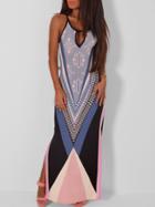 Romwe Keyhole Graphic Print Slit Maxi Color-block Dress