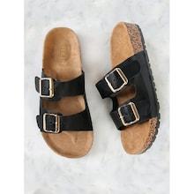 Romwe Double Buckle Cork Footbed Slide Sandal