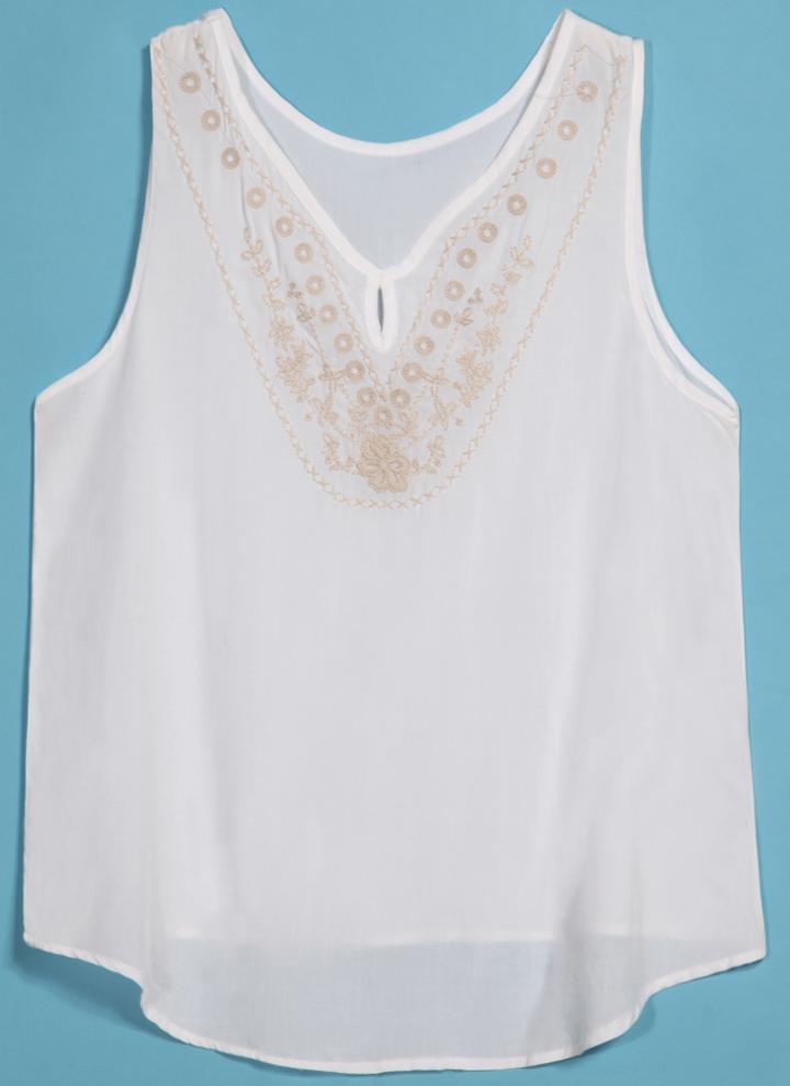 Romwe Embroidery Neckline Curved Hem White Vest