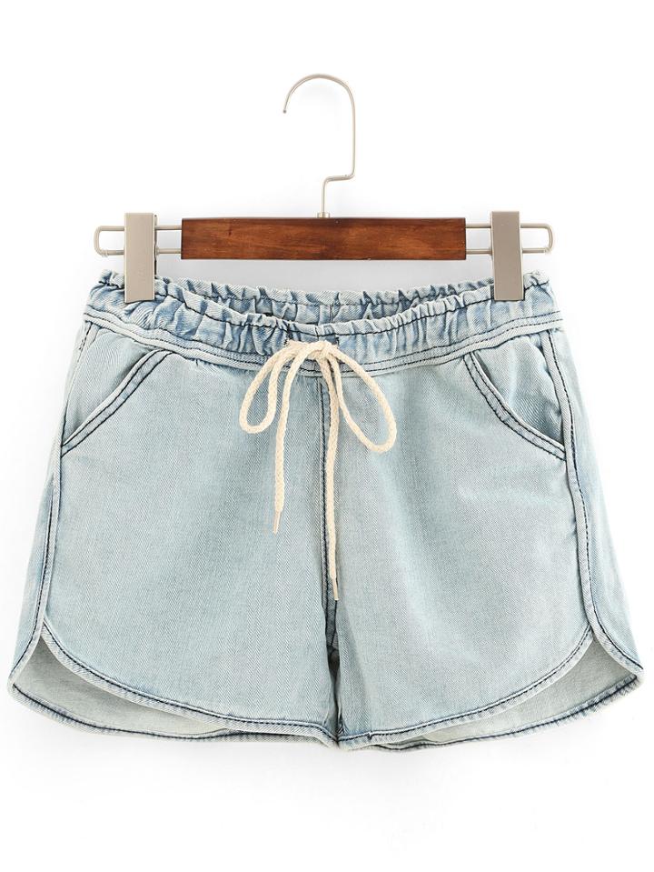Romwe Drawstring Waist Light Blue Denim Shorts