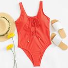 Romwe Solid Lace Up Front One Piece Swimsuit