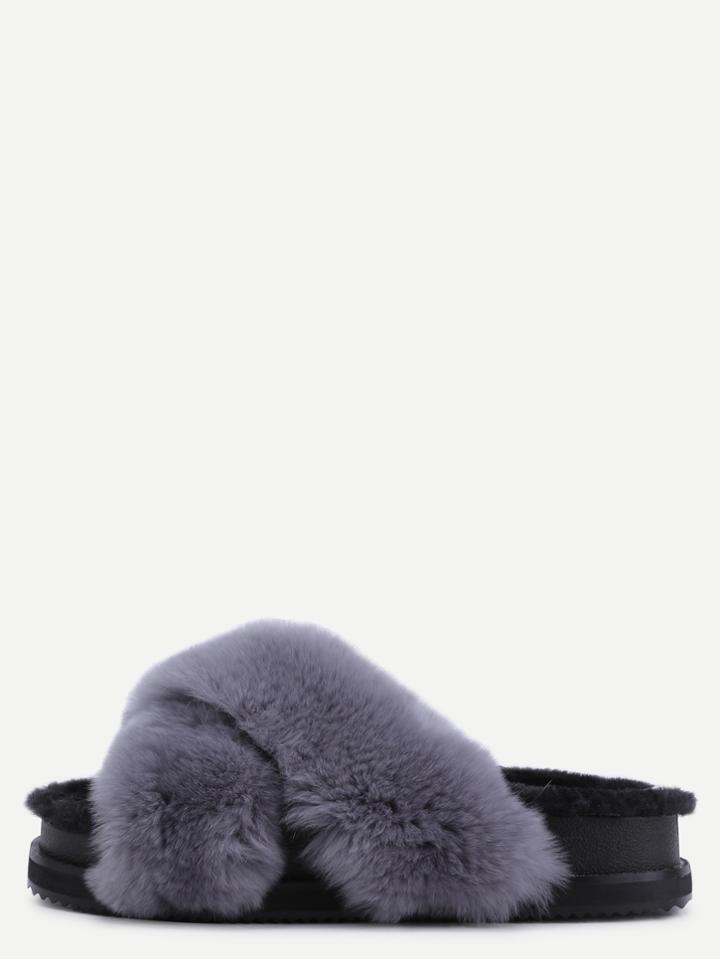 Romwe Grey Rabbit Hair Fur Lined Flatform Slippers