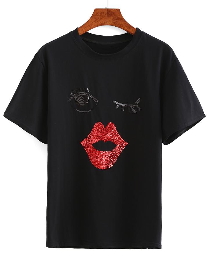 Romwe Sequin Eyes & Lip T-shirt
