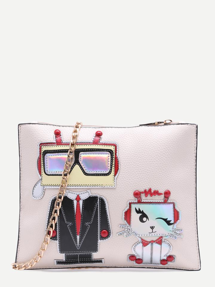 Romwe Cute Beige Cartoon Patch Clutch Bag With Chain Strap