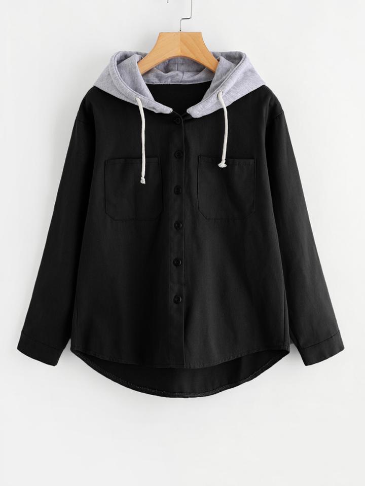 Romwe Pocket Front Hooded Denim Jacket