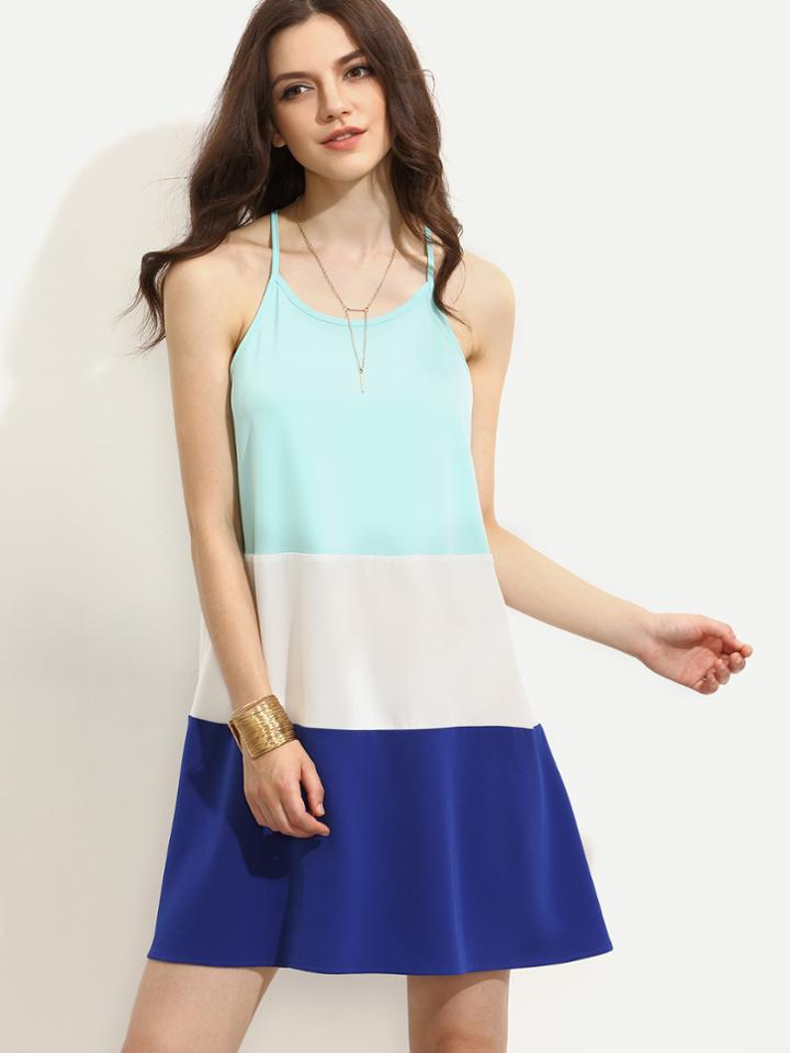 Romwe Color Block Spaghetti Strap A-line Dress