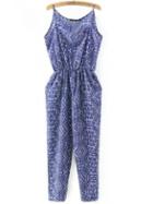 Romwe Blue Print Pockets Elastic Waist Spaghetti Strap Jumpsuit