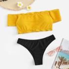 Romwe Striped Lettuce Trim Short Sleeve Bardot Bikini