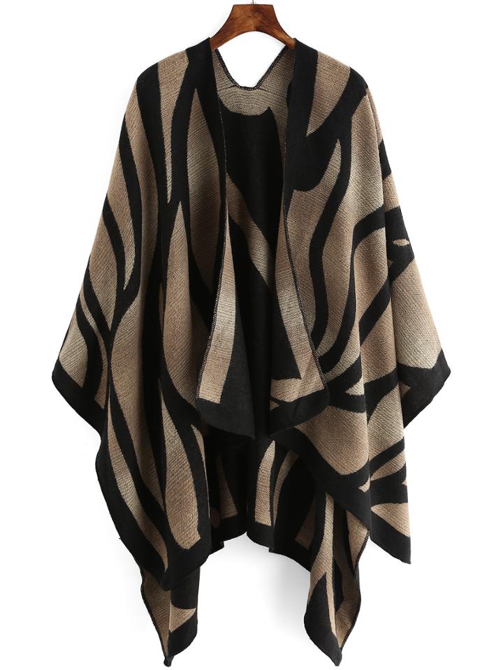 Romwe Khaki Black Woman Loose Cape