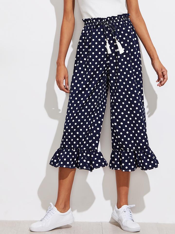 Romwe Frill Trim Fringe Drawstring Waist Polka Dot Pants