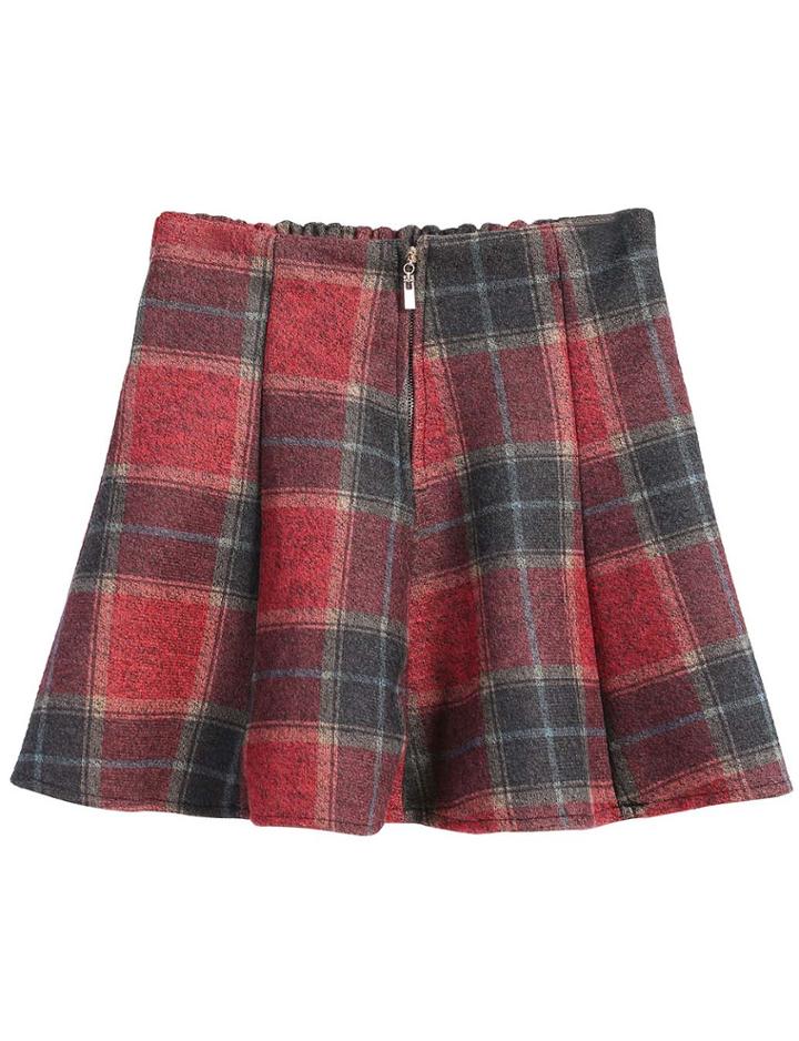 Romwe Check Print Woolen Red Skirt