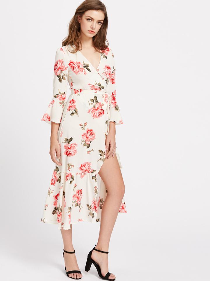 Romwe Plunge Neck Floral Print Bell Sleeve Slit Side Dress