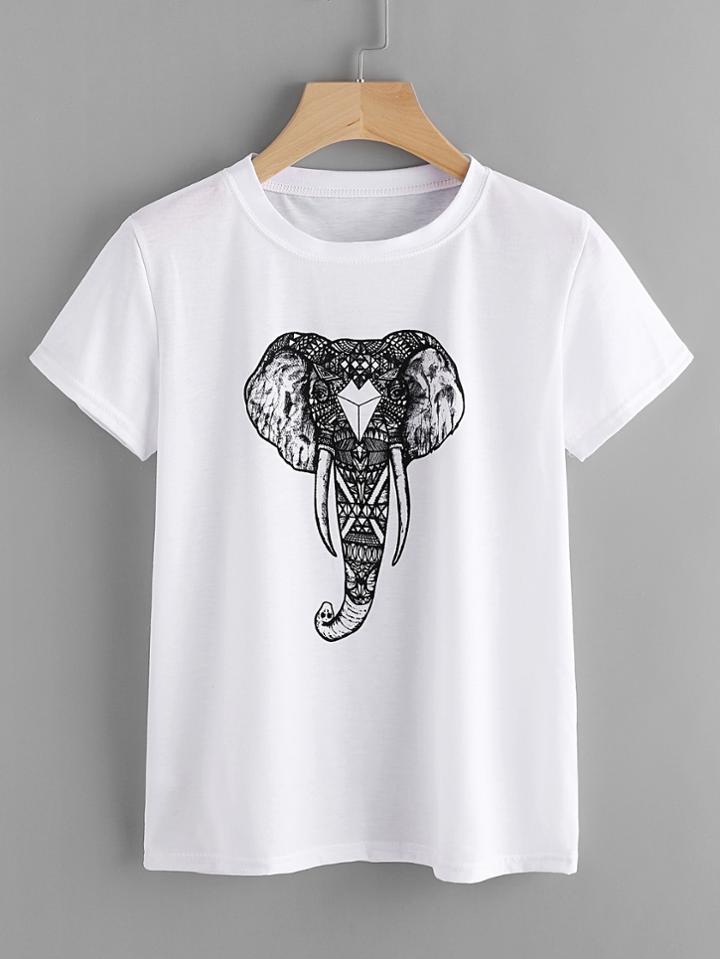 Romwe Ornate Elephant Print Tee