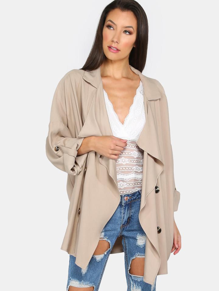 Romwe Khaki Lapel Button Rolled Sleeve Outerwear