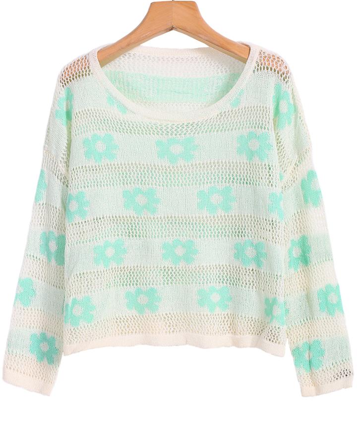 Romwe Floral Print Hollow Crop Sweater