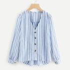 Romwe Single-breasted Striped Blouse
