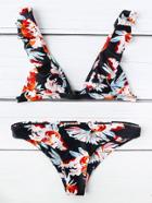 Romwe Flower Print Ruffle Strap Triangle Bikini Set