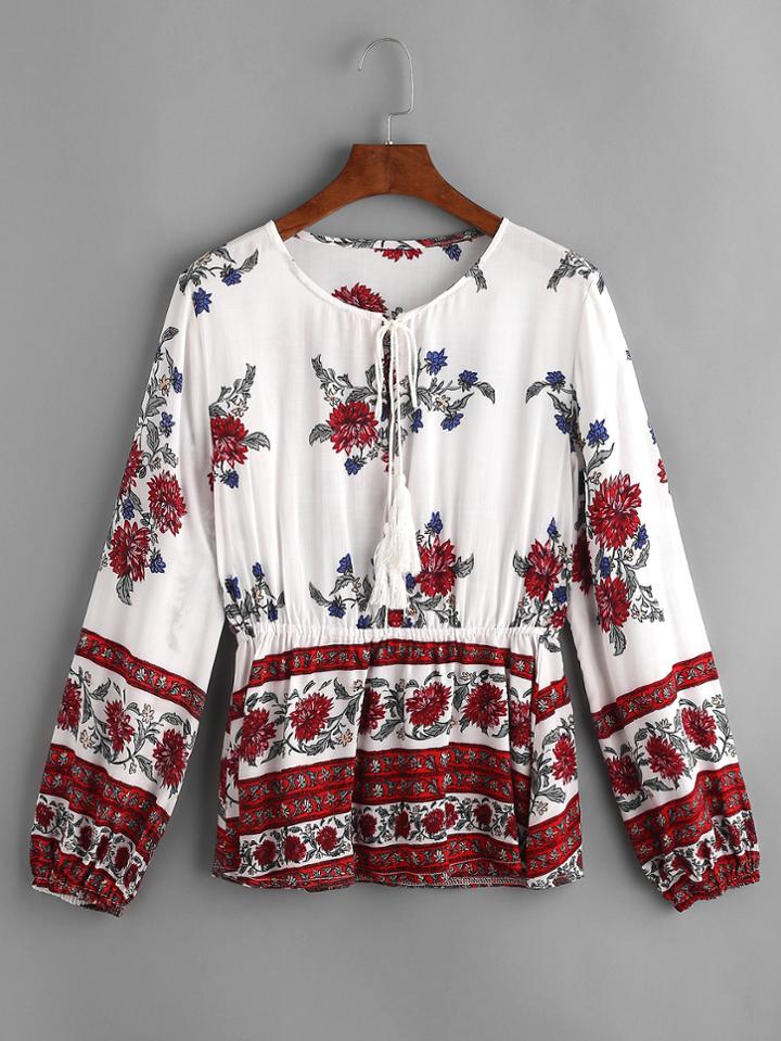 Romwe Florals Print Lace Up Front Top