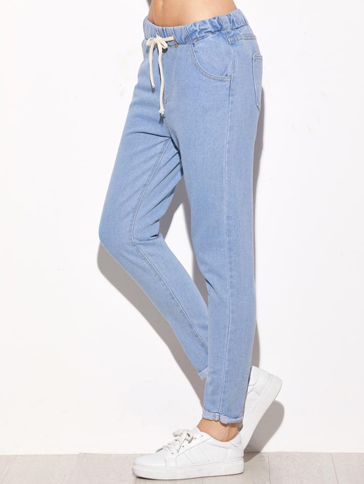 Romwe Light Blue Tie Waist Rolled Hem Jeans