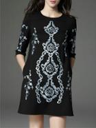 Romwe Black Vintage Embroidered Pockets Shift Dress