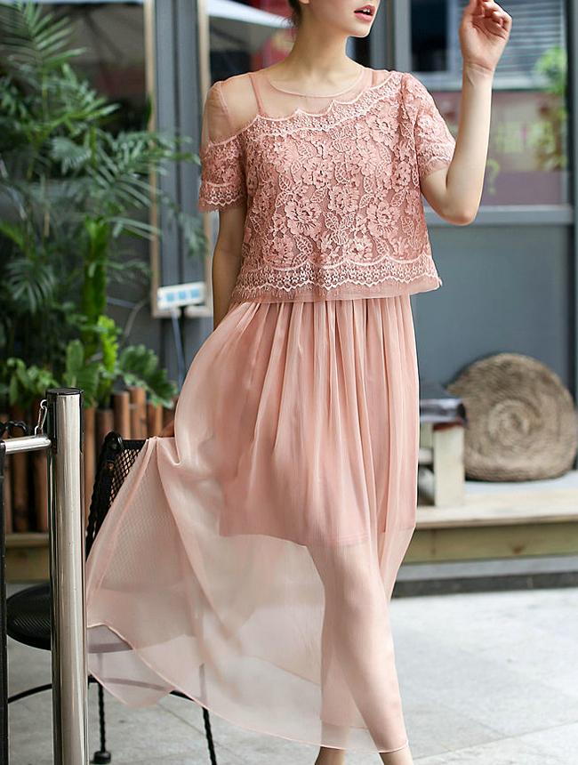Romwe Pink Short Sleeve Contrast Lace Two Pieces Dress