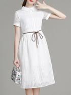 Romwe White Lapel Striped Tie-waist Dress