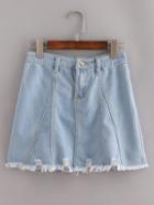 Romwe Pale Blue Fringe Denim A-line Skirt