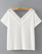 Romwe White Lace V Neck Loose Crop Blouse