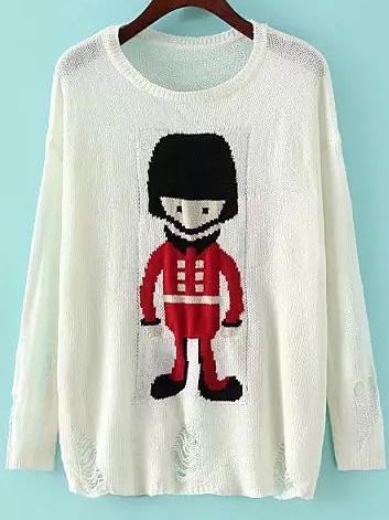 Romwe Cartton Print Ripped White Sweater