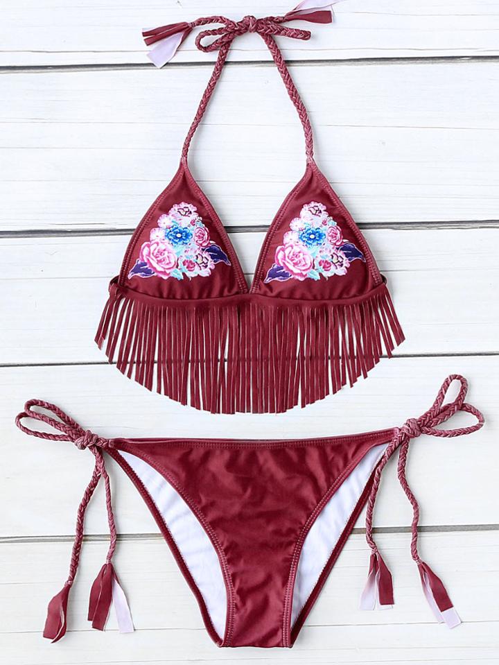 Romwe Flower Pattern Fringe Hem Side Tie Bikini Set