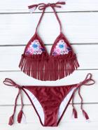 Romwe Flower Pattern Fringe Hem Side Tie Bikini Set