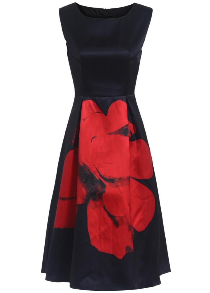 Romwe Navy Semiformal Sleeveless Floral Flare Tank Dress Sundress