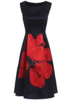 Romwe Navy Semiformal Sleeveless Floral Flare Tank Dress Sundress