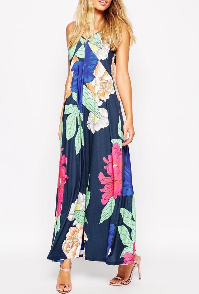 Romwe Spaghetti Strap Backless Florals Maxi Dress