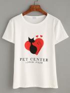 Romwe White Cat And Heart Print T-shirt