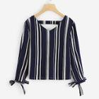 Romwe Striped Print Tied Cuff Blouse