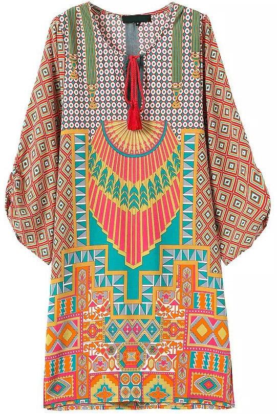 Romwe Orange Knotted Collar Geometric Print Loose Dress