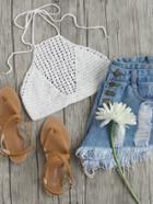 Romwe White Crochet Halter Neck Knitted Top