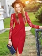 Romwe Red Round Neck Long Sleeve Contrast Lace Bodycon Dress