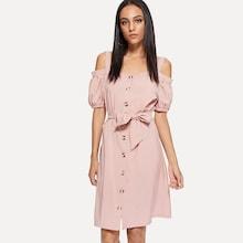 Romwe Open Shoulder Self Tie Waist Dress