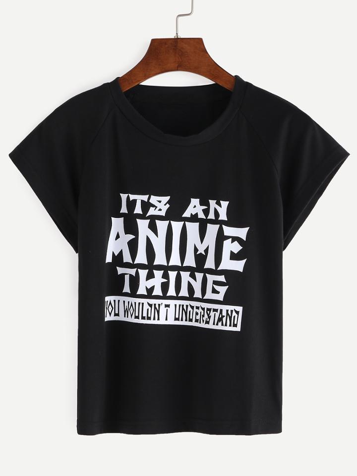 Romwe Letter Print T-shirt - Black