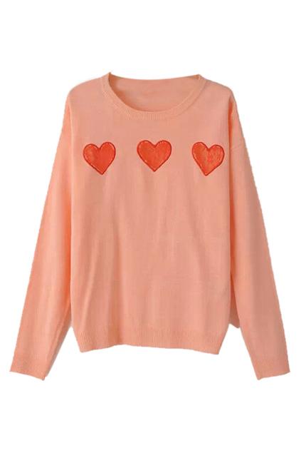 Romwe Heart Appliqued Pink Jumper