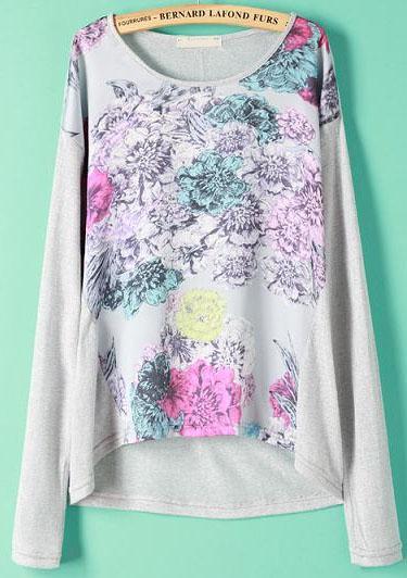 Romwe Floral Print Grey Knit Sweater