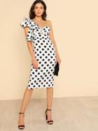 Romwe Twist Front Ruffle Detail Polka Dot Dress