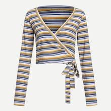Romwe Knot Side Striped Tee