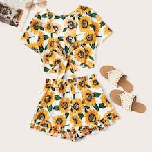 Romwe Sunflower Knotted Top & Ruffle Hem Shorts Set