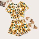 Romwe Sunflower Knotted Top & Ruffle Hem Shorts Set