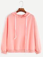 Romwe Pink Drop Shoulder Drawstring Hooded Sweatshirt