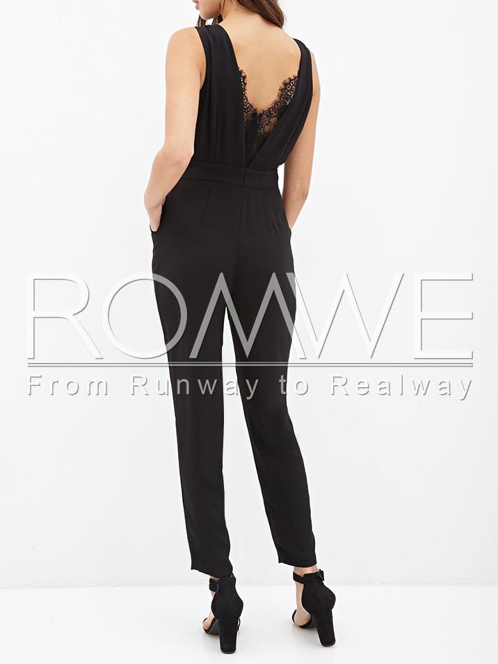 Romwe Black Sleeveless With Lace Jumpsuit